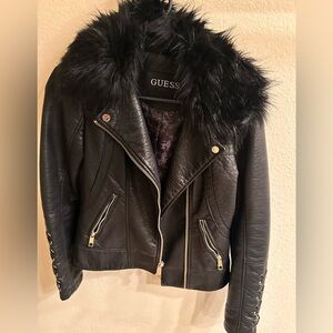 GUESS Leather Moto Jacket with Removable Fur XS